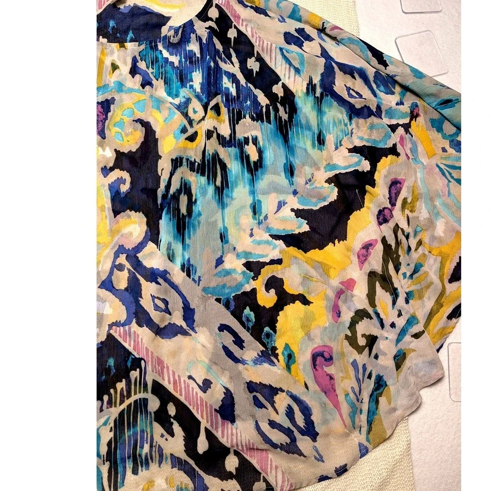 Chico's Women's Batwing Blouse Silk‎ Sheer Top Abstract Print Blue Yellow L/XL - Picture 5 of 6